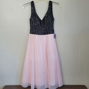 Windsor Sequin Tulle Fit & Flare Dress Black Pink Open Back Sleeveless Prom NWT